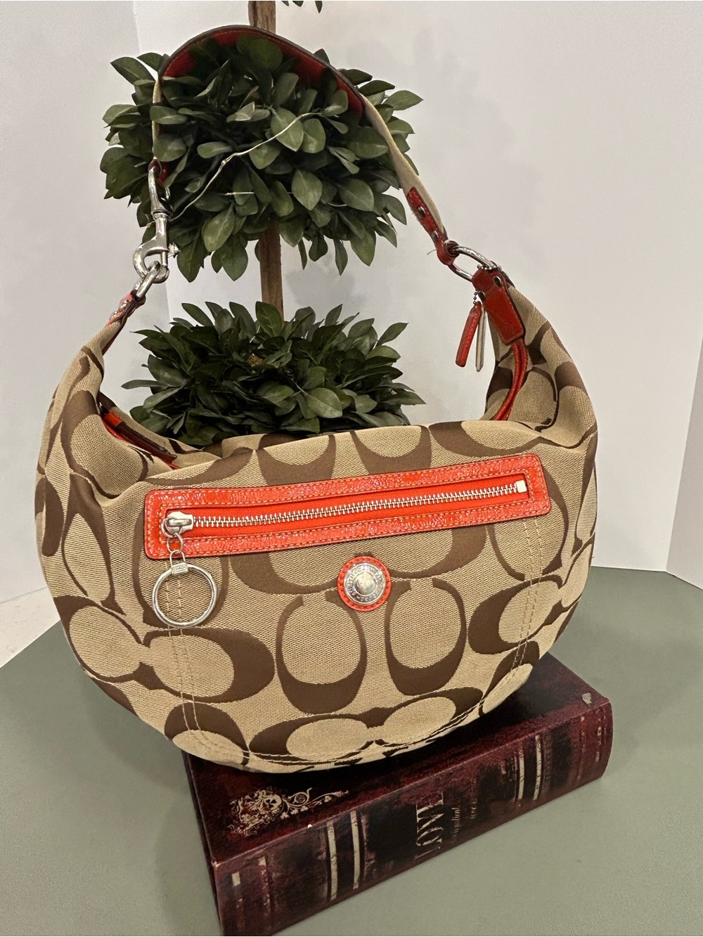 Coach Signature Crescent Shoulder Bag in Khaki Brown with Orange Trim